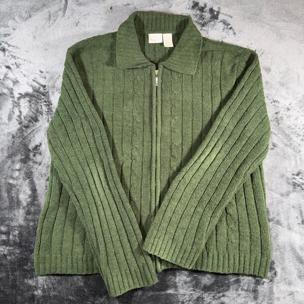 Erika Womens XL Green Boucle Cable Knit Full Zip Cardigan Sweater Collar Olive